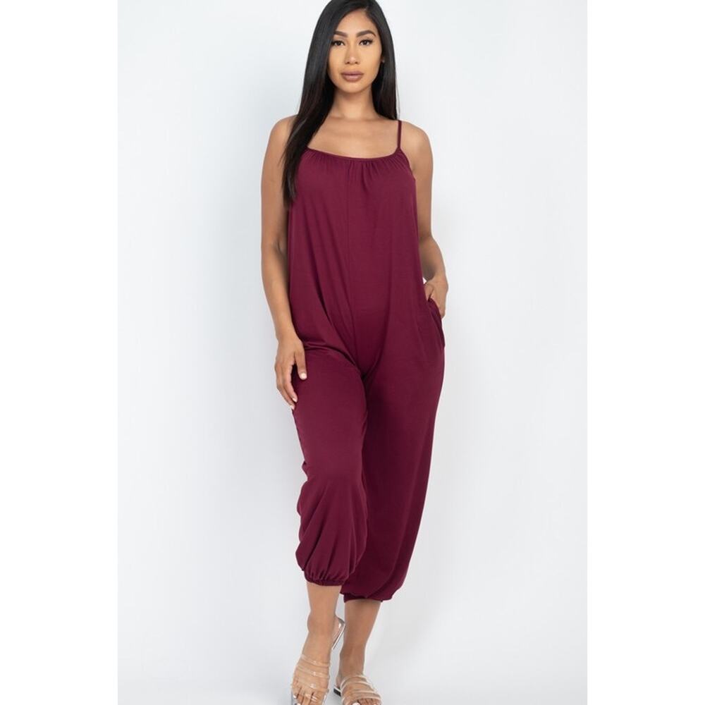 Spaghetti strap solid jumpsuit (Burgundy)-Large